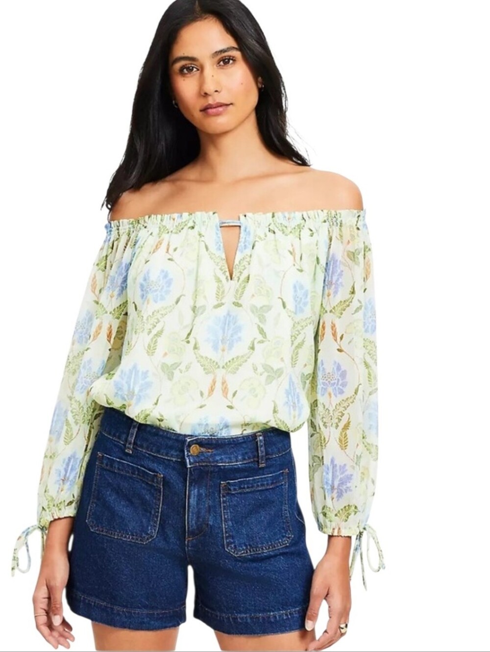 NWT Loft Mint Green Floral Off the Shoulder Blouse Women's Size Medium